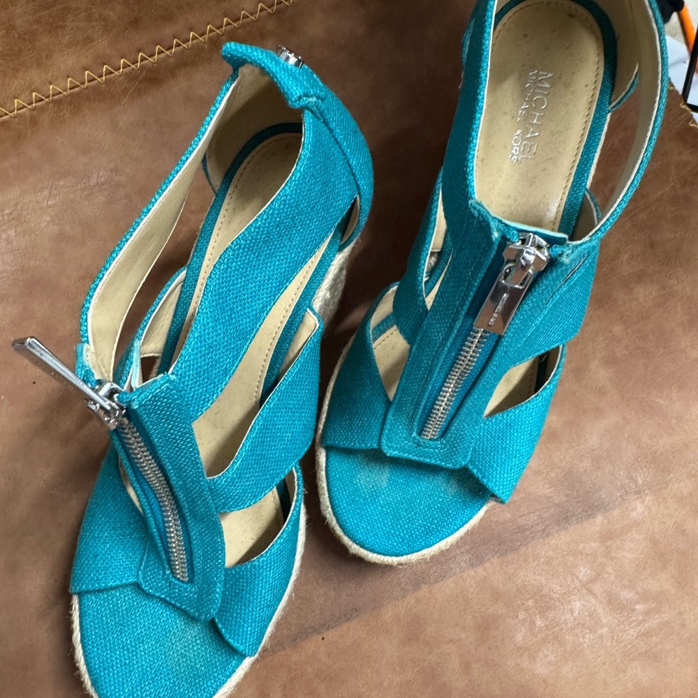 MICHAEL Michael Kors Turquoise Front-Zip Espadrille Wedge Sandals
